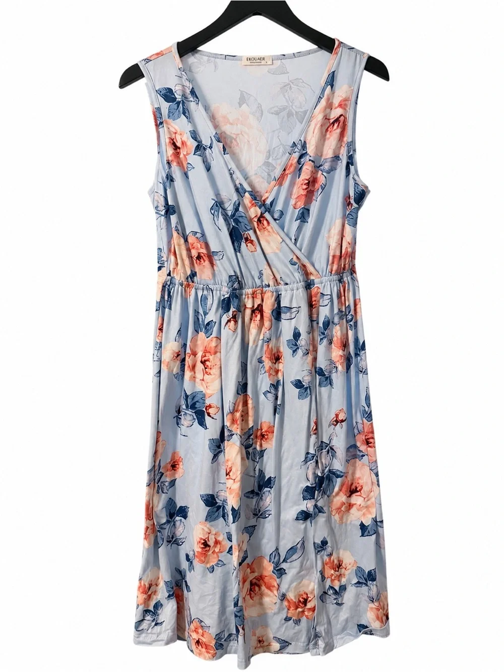 Ekouaer Blue Peach Floral Faux Wrap Midi Dress Large
